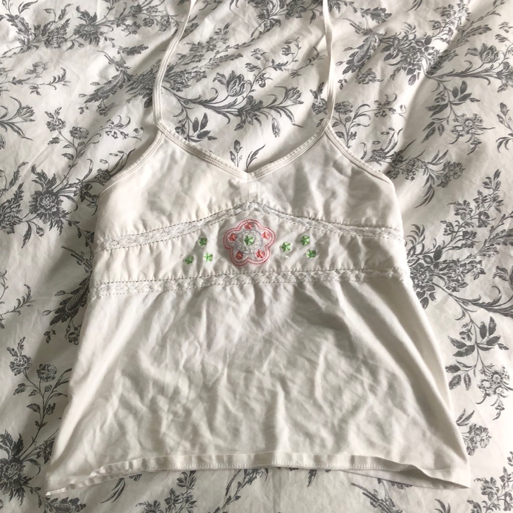 GAP KIDS | Vintage Gap Stretch White Halter Top Floral Embroidery Detail